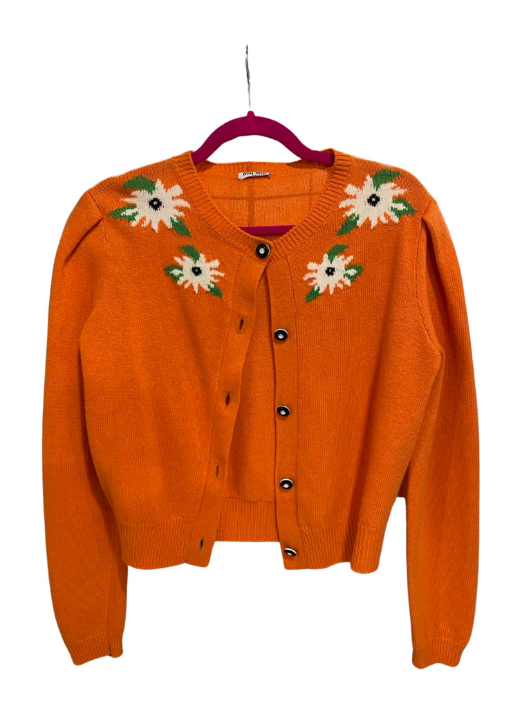 Miu Miu Orange Knit Sweater With Flower Stitching