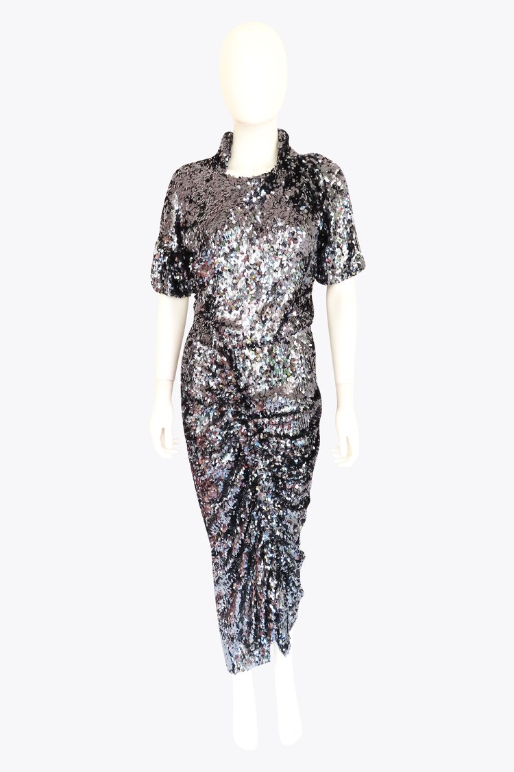 Preen Silver Sequin Ruched Midi Dress