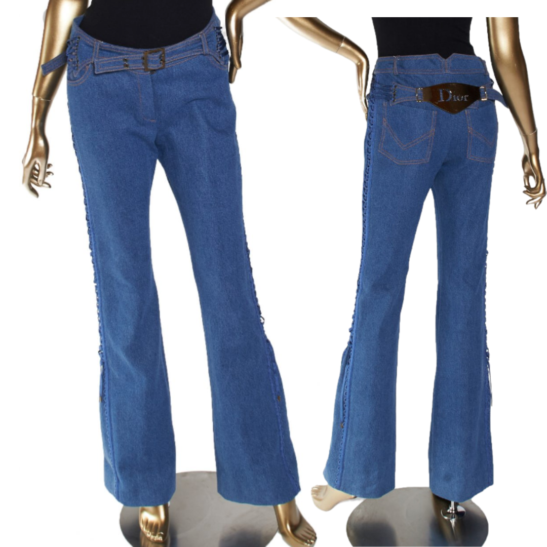 christian dior jeans with back buckle  logo detail