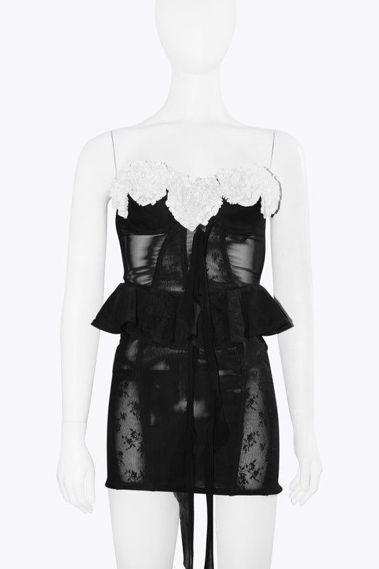 Aniye Records Black Corset Mini Dress With White Flower Detail