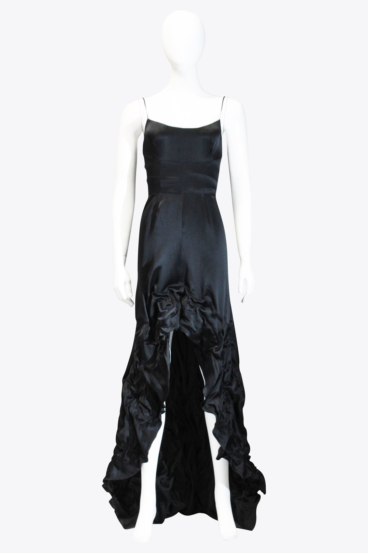 Moschino Black Silk Satin High Low Ruched Dress