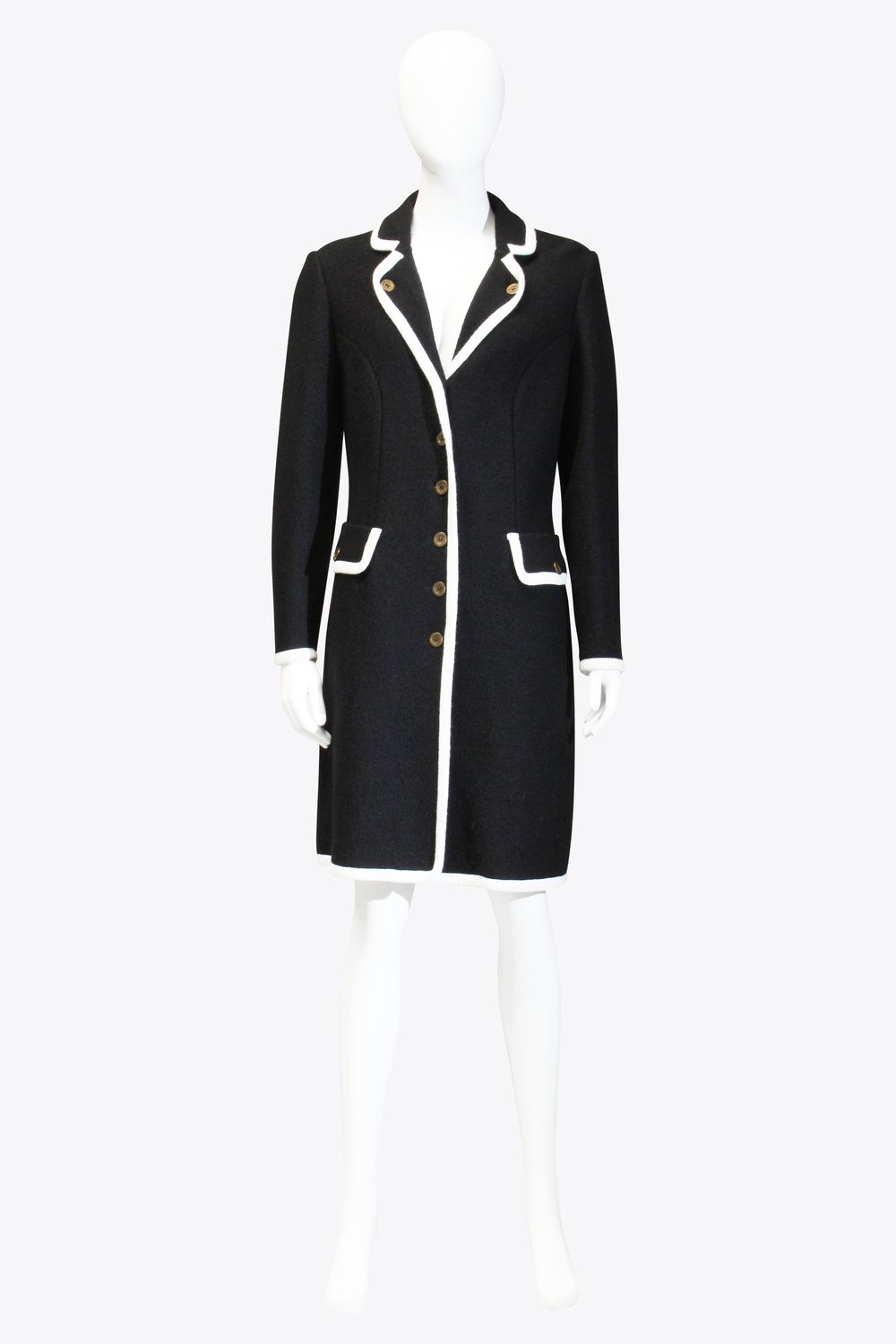 Moschino Black Cheap & Chic Black White Trim Wool Knit Coat