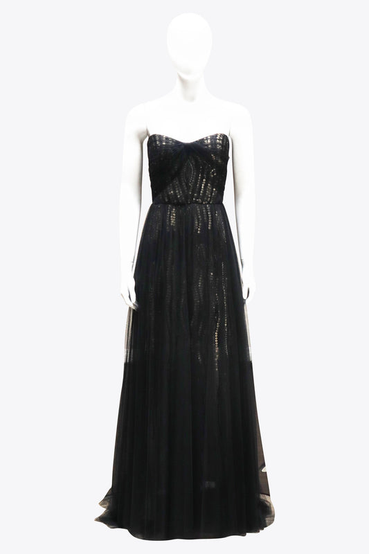 Monique Lhuillier Black Sequin Strapless Gown