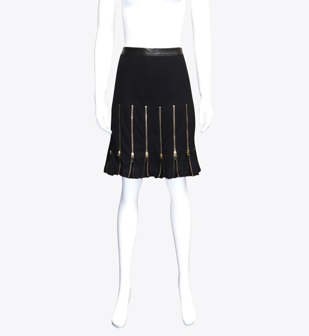 Alexander McQueen Black Wool Pleated Gold Zipper Skirt