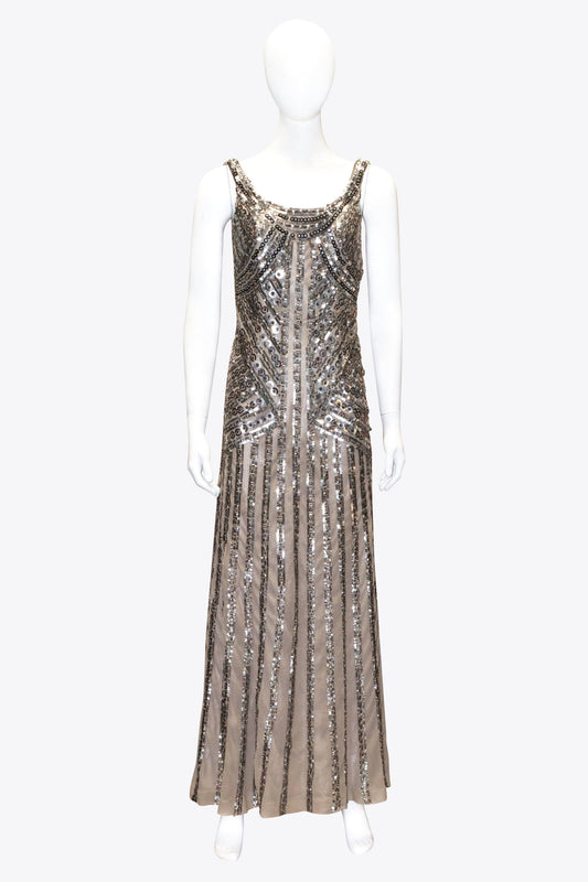 Aidan Maddox Silver Beaded Sleeveless Gown