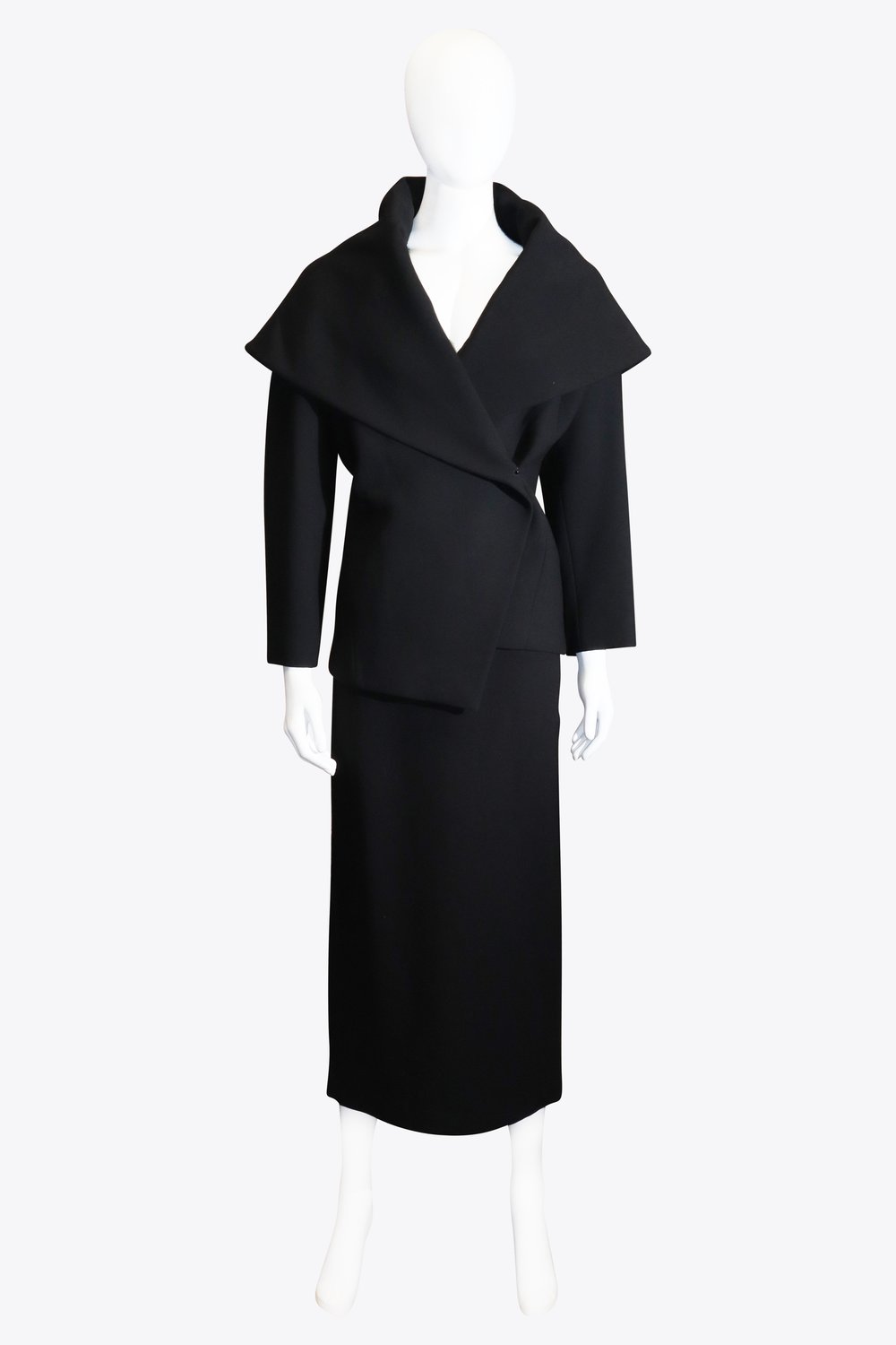 Black Midi Coat With Folded Neckline