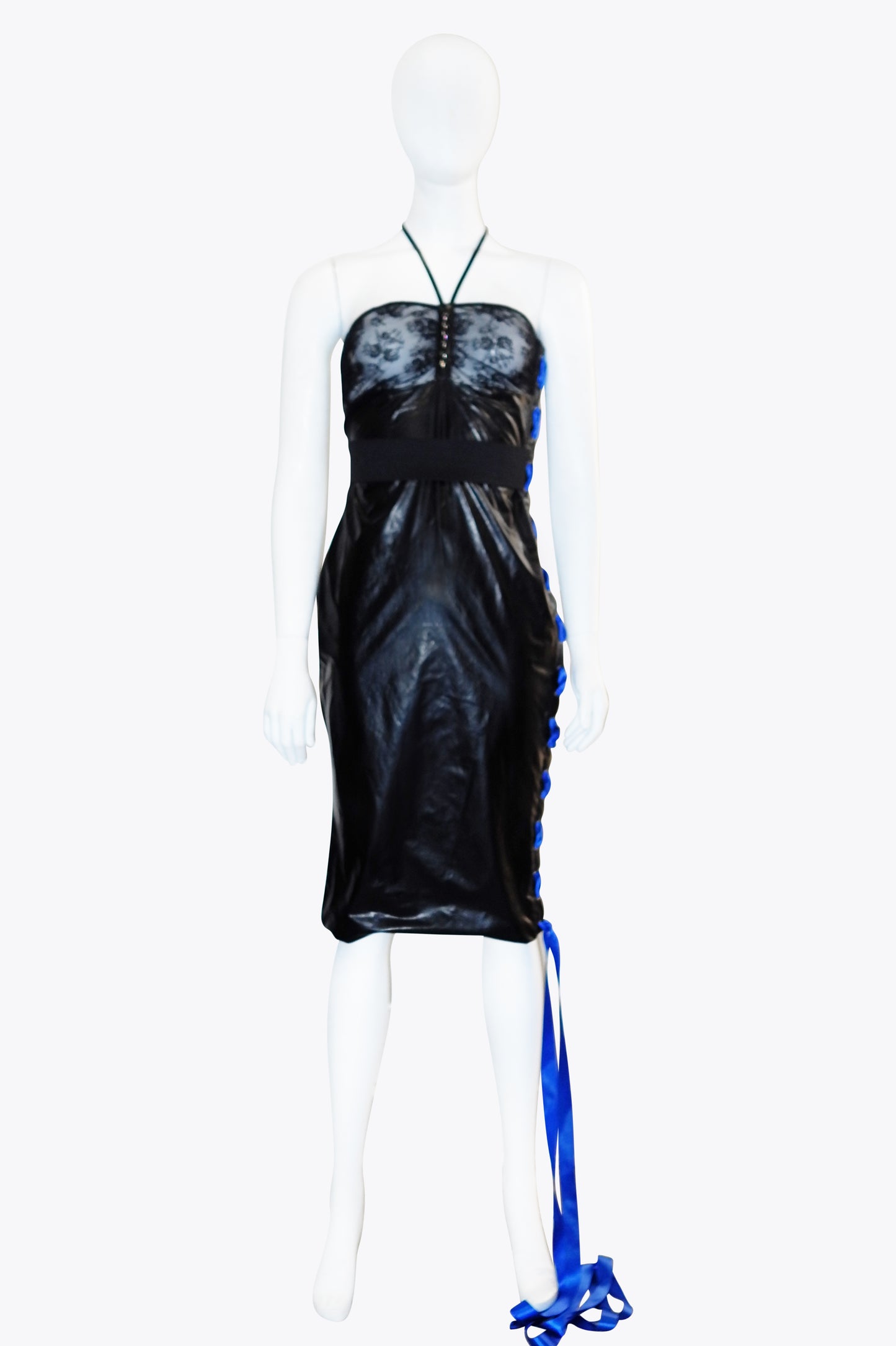 Dolce & Gabbana Black Pleather Dress With Lace Detail & Blue Ribbon