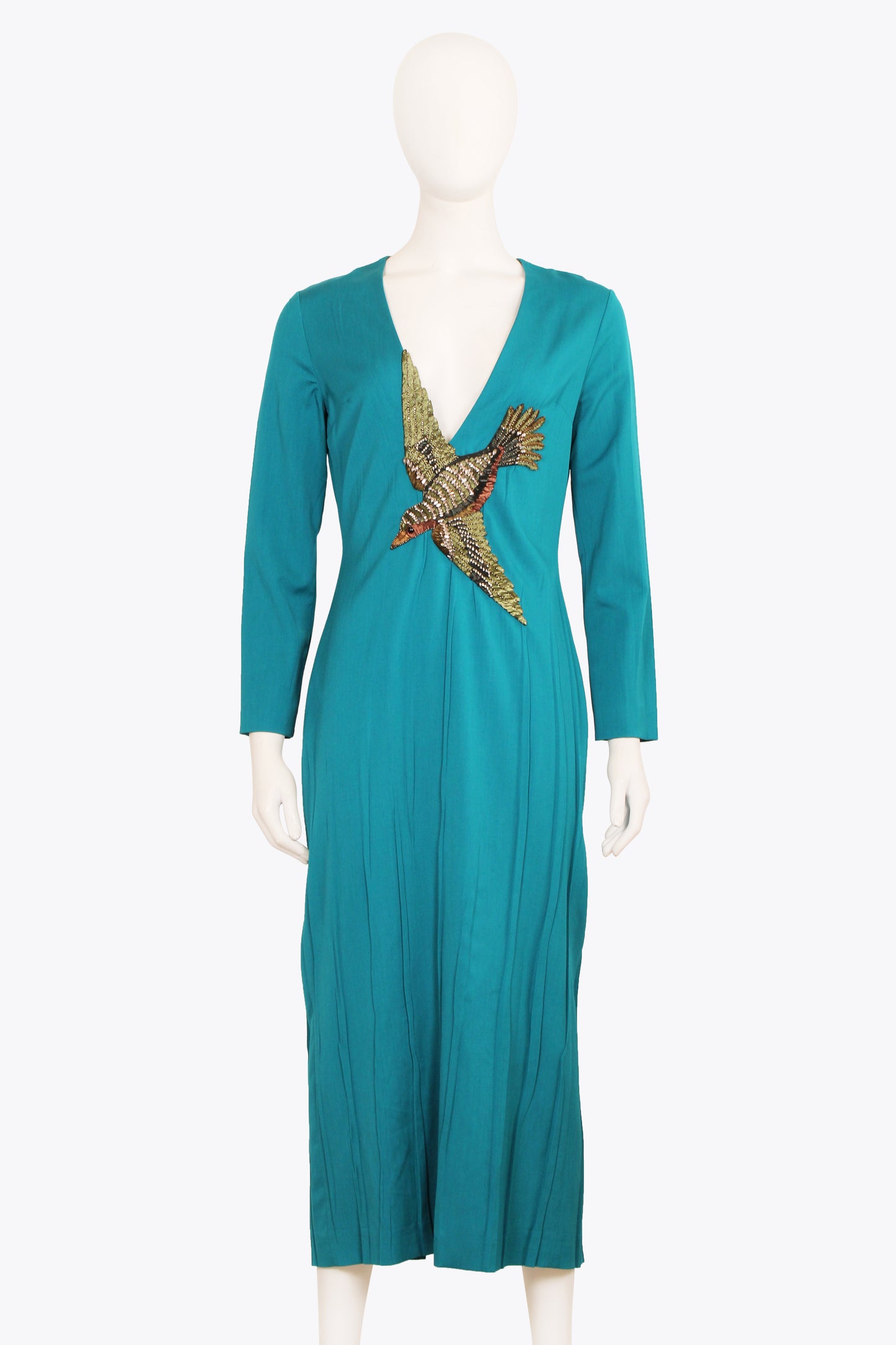 Gucci Blue Longsleeve Bejeweled Bird Midi Dress