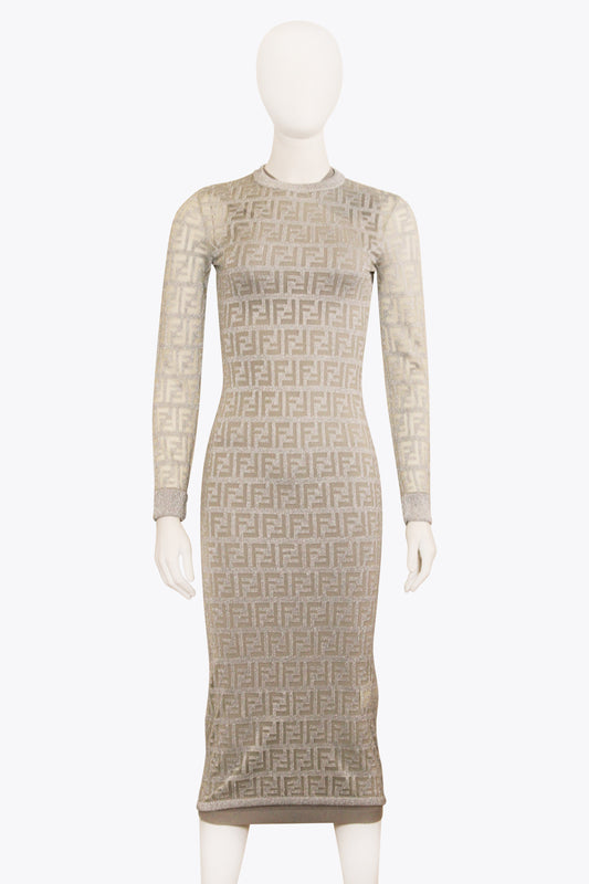 Fendi Silver Sparkly Longsleeve Logo Midi Dress