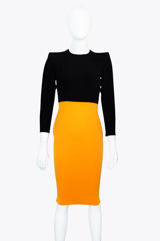 Alex Perry Black & Orange Longsleeve Dress With Shoulder Pads