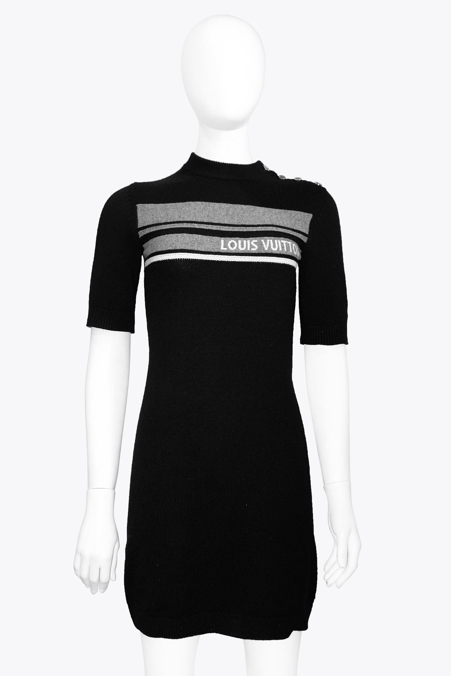 Louis Vuitton Black Knit Short-Sleeve With Grey Stripe & Shoulder Buttons