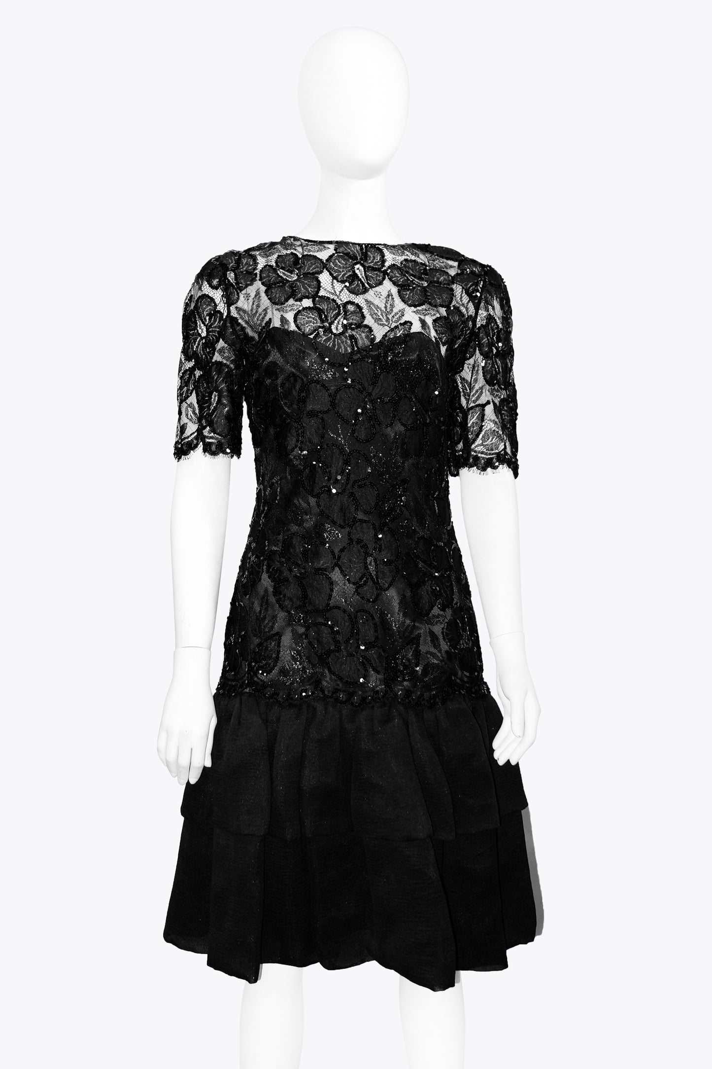 Christian Dior Black Sequin Lace Dress With Ruffle Bottom