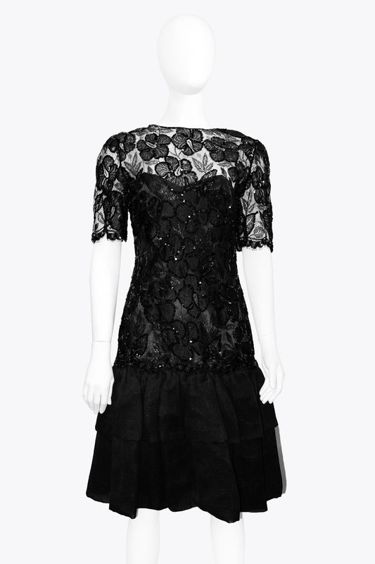 Christian Dior Black Sequin Lace Dress With Ruffle Bottom