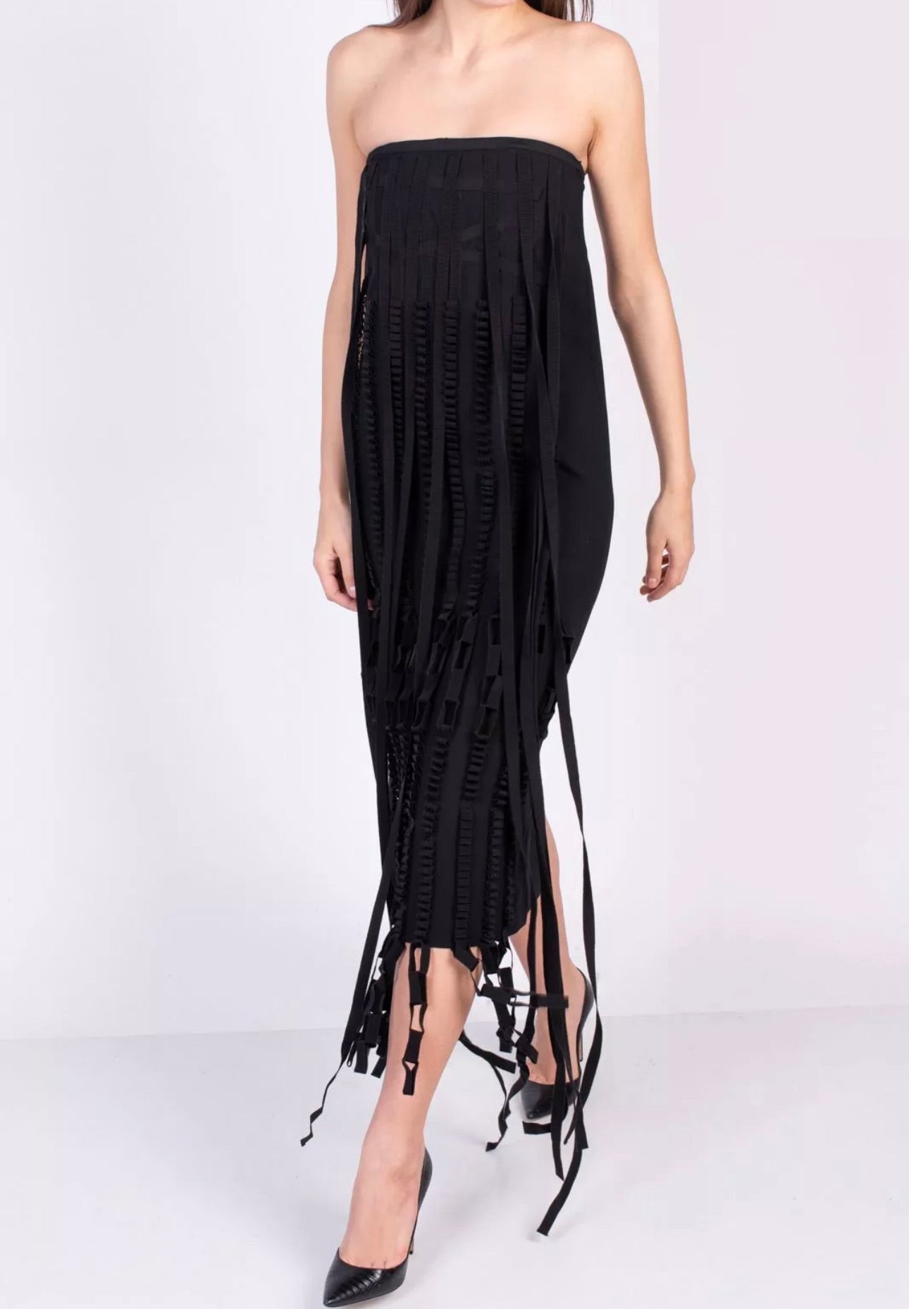 Ferragamo Black Strapless Dress With Fringe