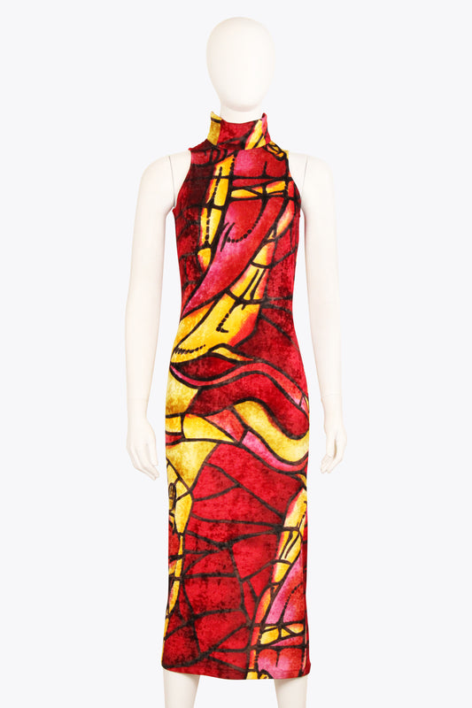 Christian Dior Red Yellow pink Tile Halter Maxi Dress