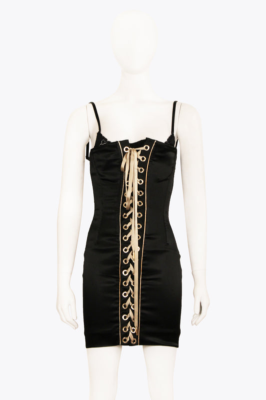 Dolce & Gabbana Black Lace Up Built-In Bra Dress