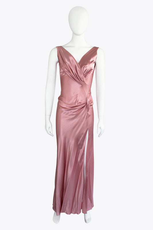 NL Pink Satin Gown With Criss Cross Chest & Knot Detail