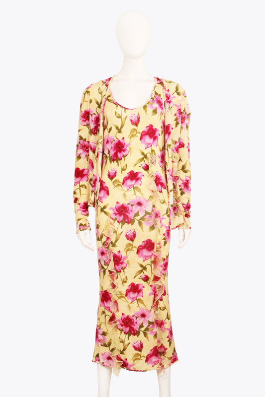 Galliano Yellow & Pink Floral Maxi Dress With Marching Cardigan