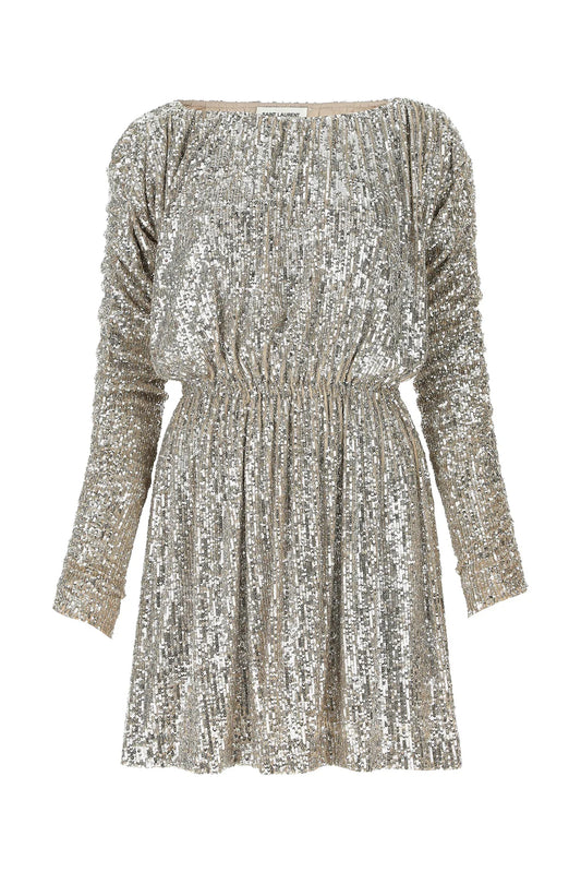 Saint Laurent Silver Sequin Mini Dress With Sinch Wasit