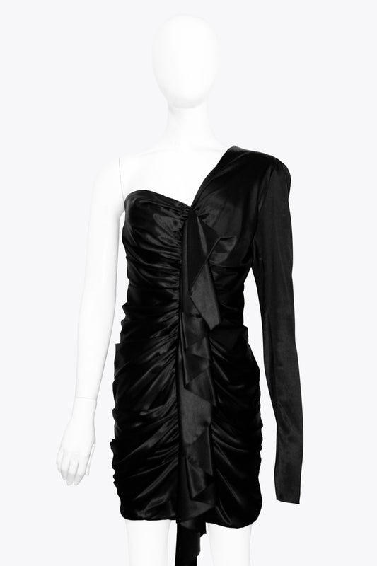 Alexandre Vauthier Black Satin One Shoulder Long-Sleeve Ruched Dress