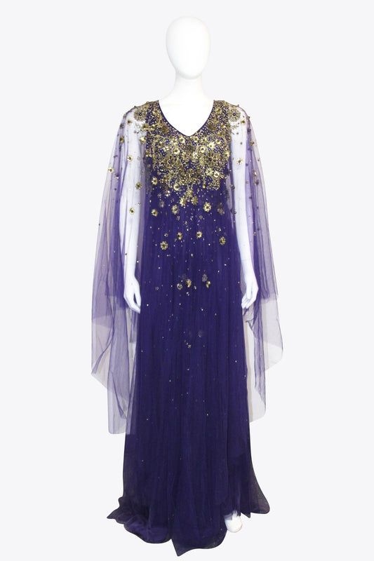 Marchesa Purple and Gold Sequin Cape Gown