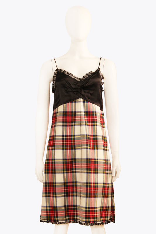 Miu Miu Red Plaid Dress With Lace Detail