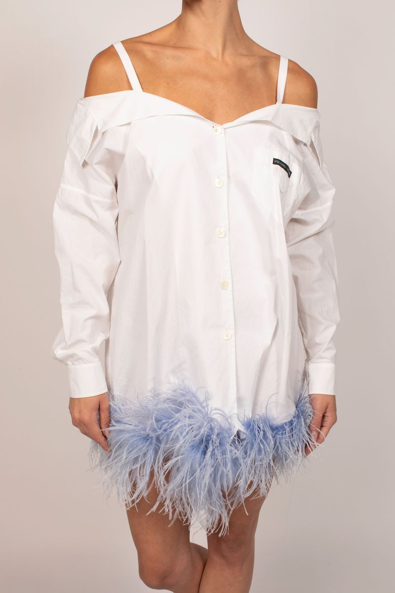 Miu Miu White Button Down Dress With Purple Feathers