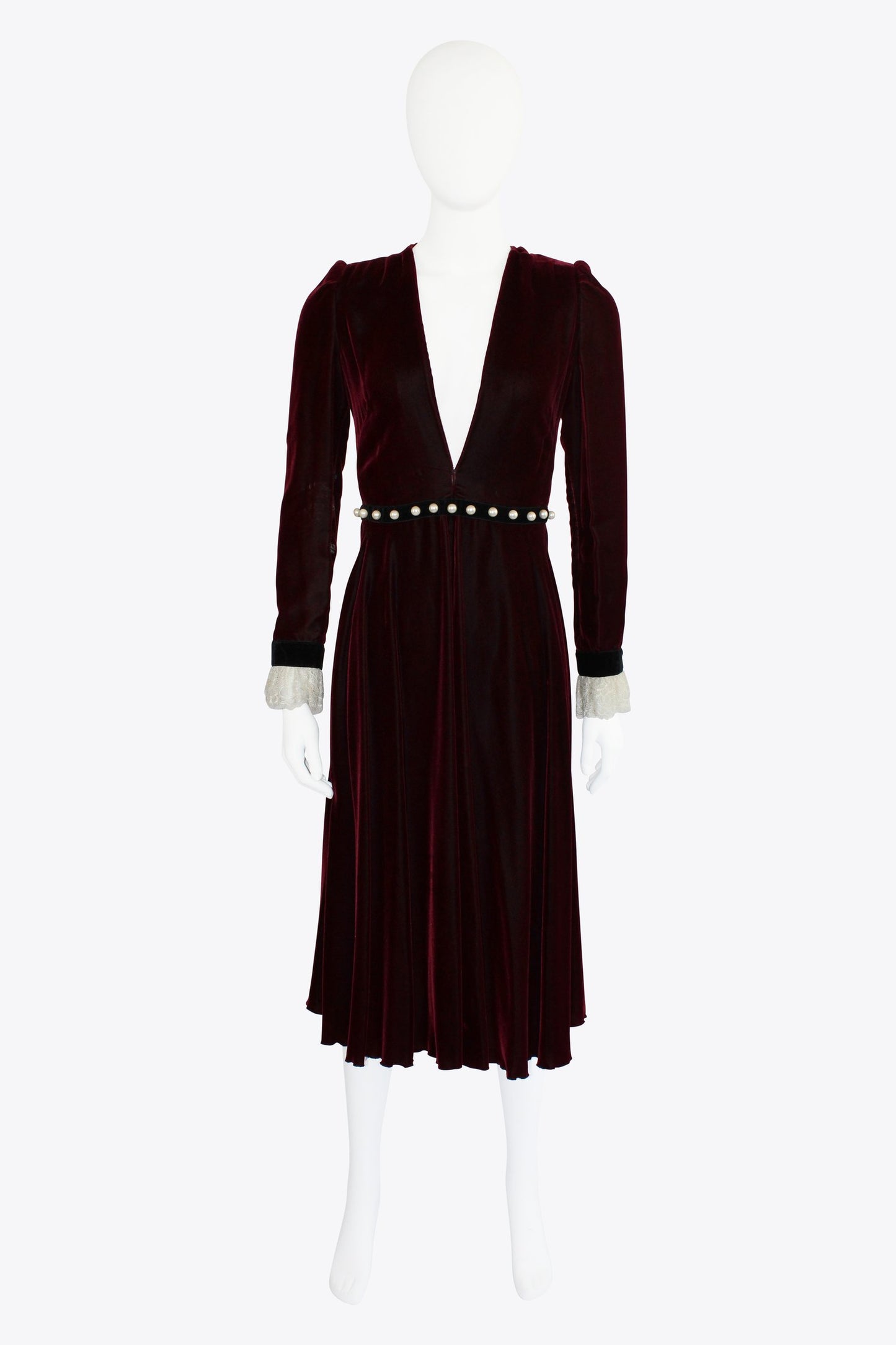 Black Velvet Long Sleeve Deep V Pearl Dress