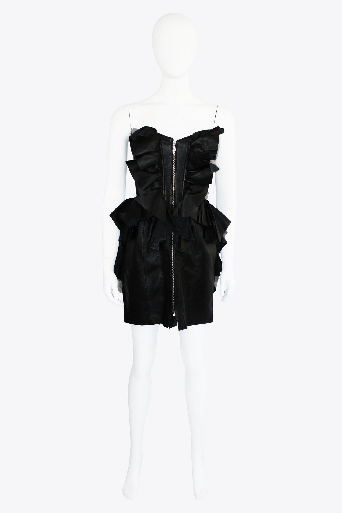 Natasha Zinko Black Leather Dress With Ruffles & Zipper