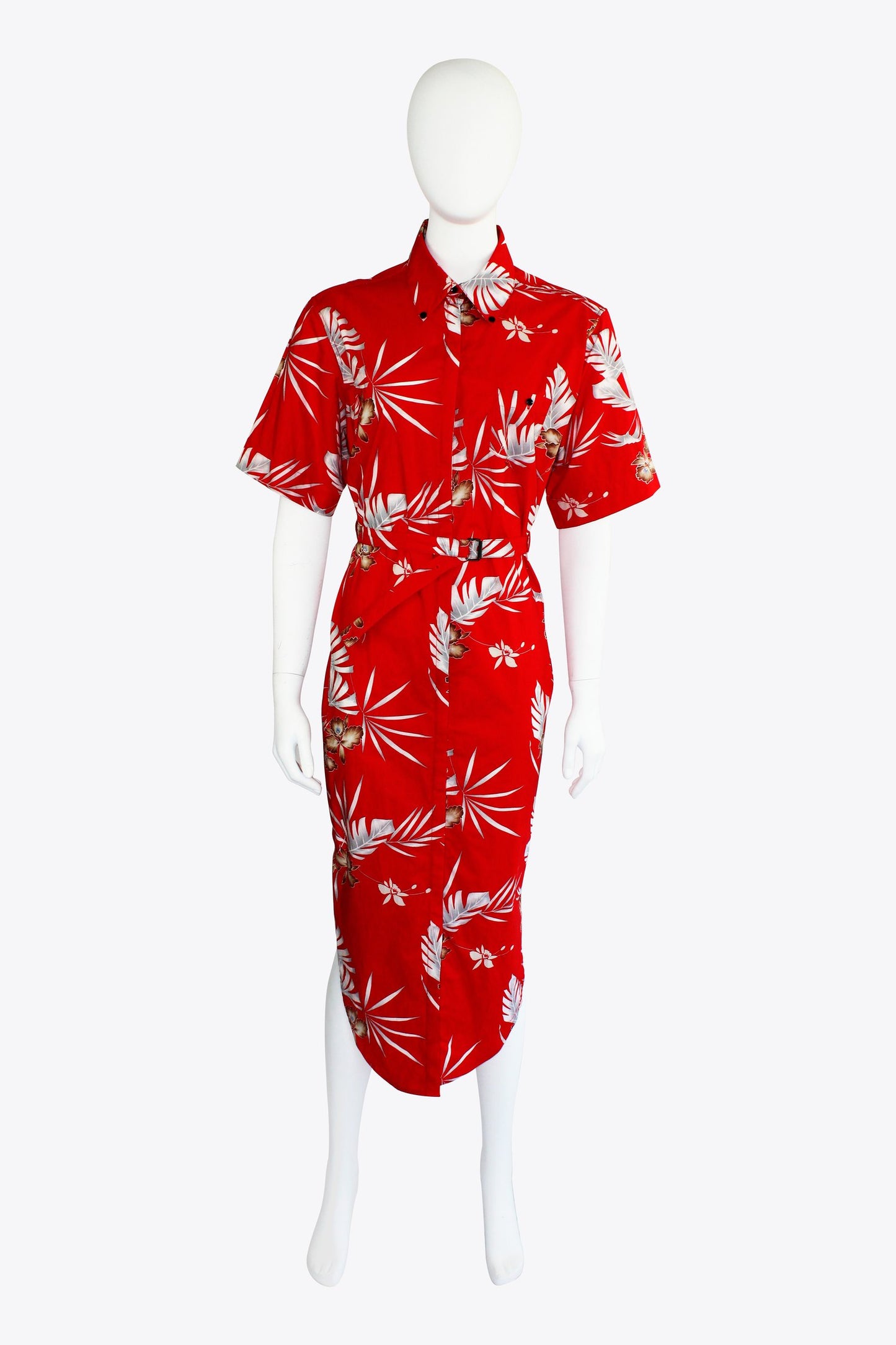 Paco Rabanne Red and White Button Down Tropical Print Dress