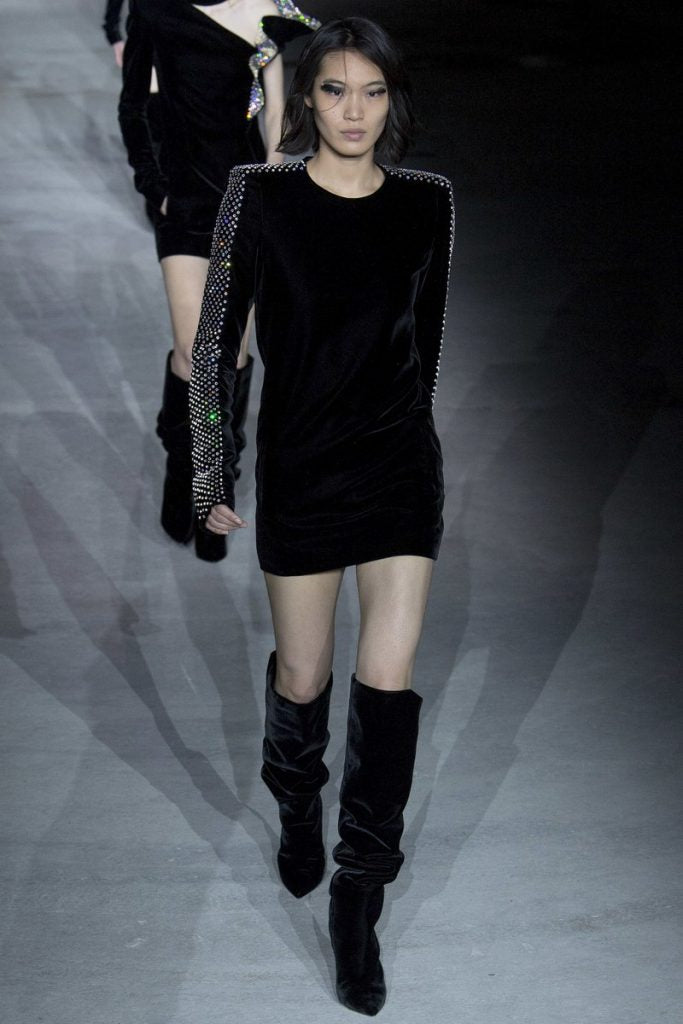 saint laurent black velvet embellished dress