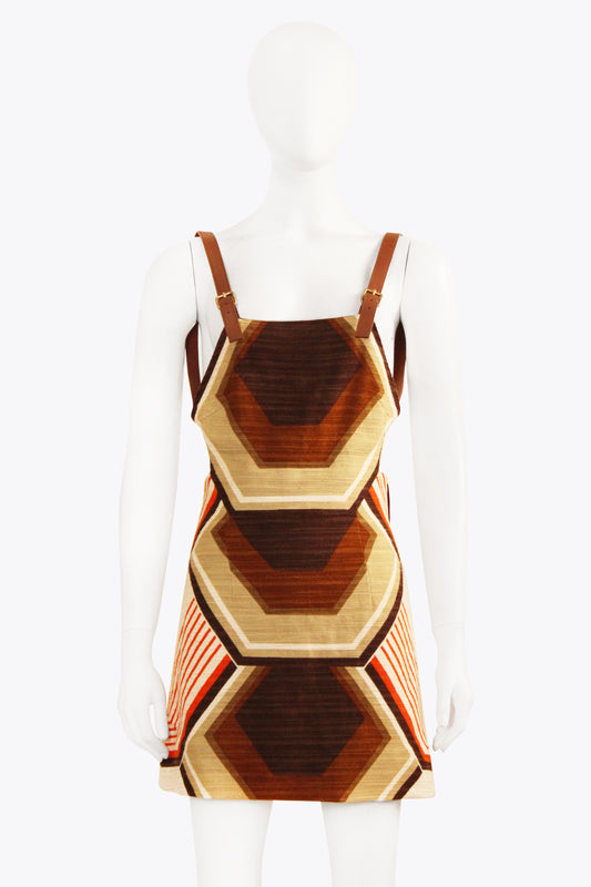 Miu Miu Brown Beige Geometric Dress With Leather Straps