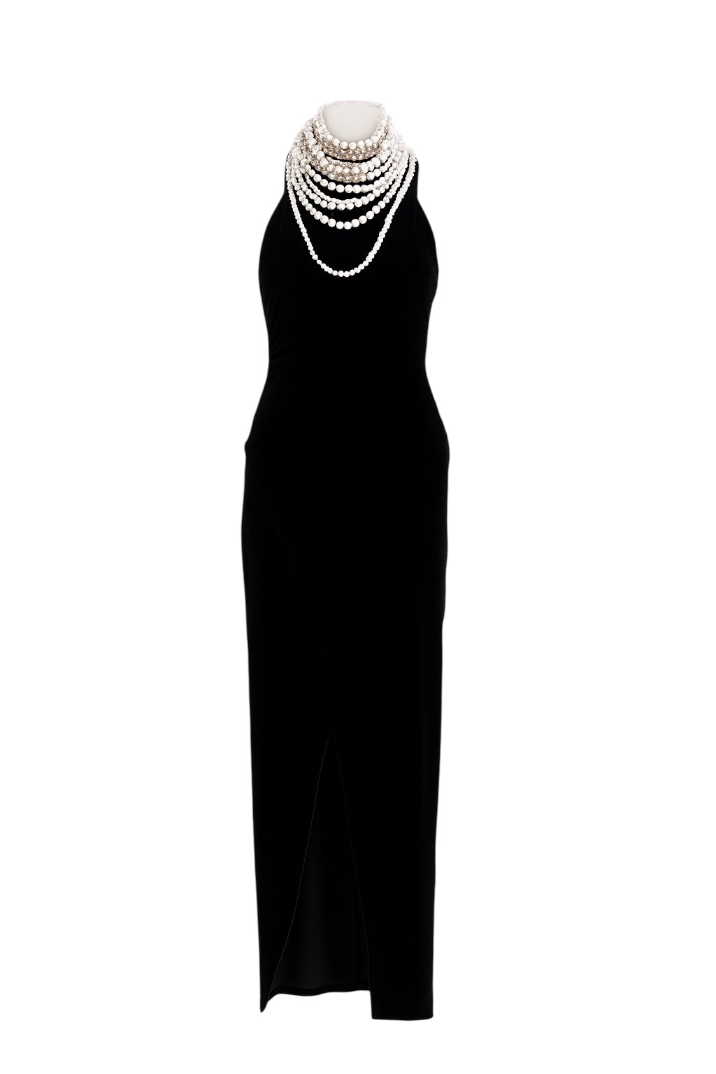 balmain pearl necklace halter-neck black velvet gown
