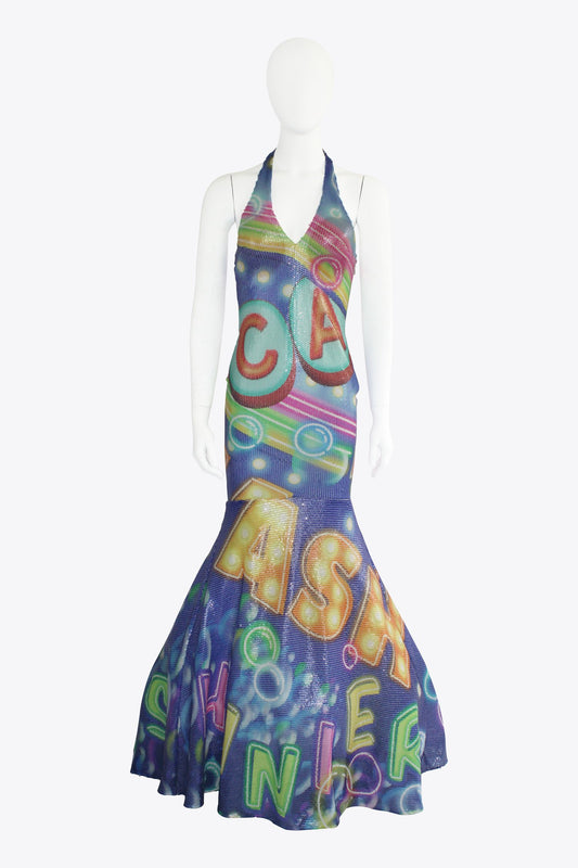 Moschino Rainbow Sequin Letter Halter Gown