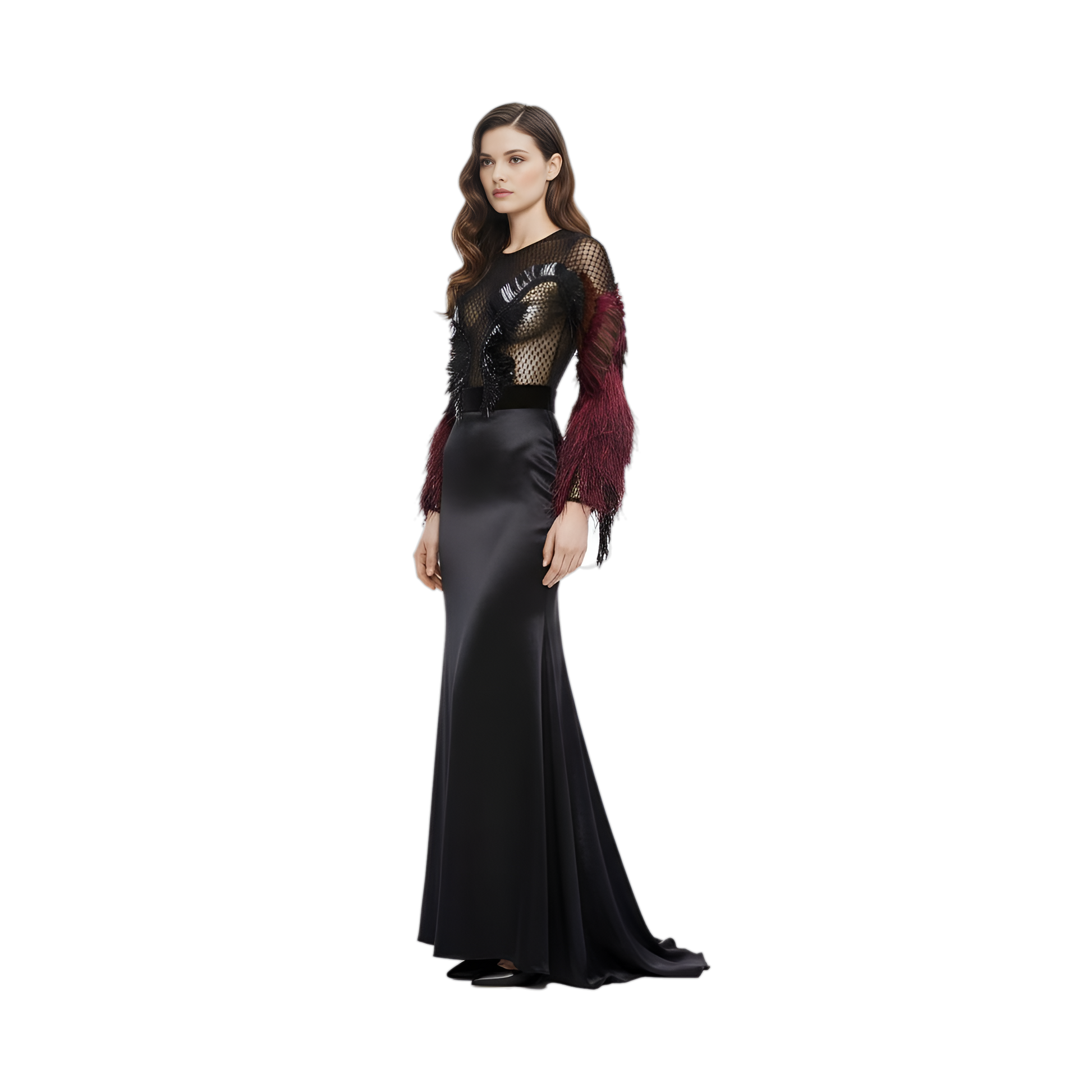gucci feather embellished gown