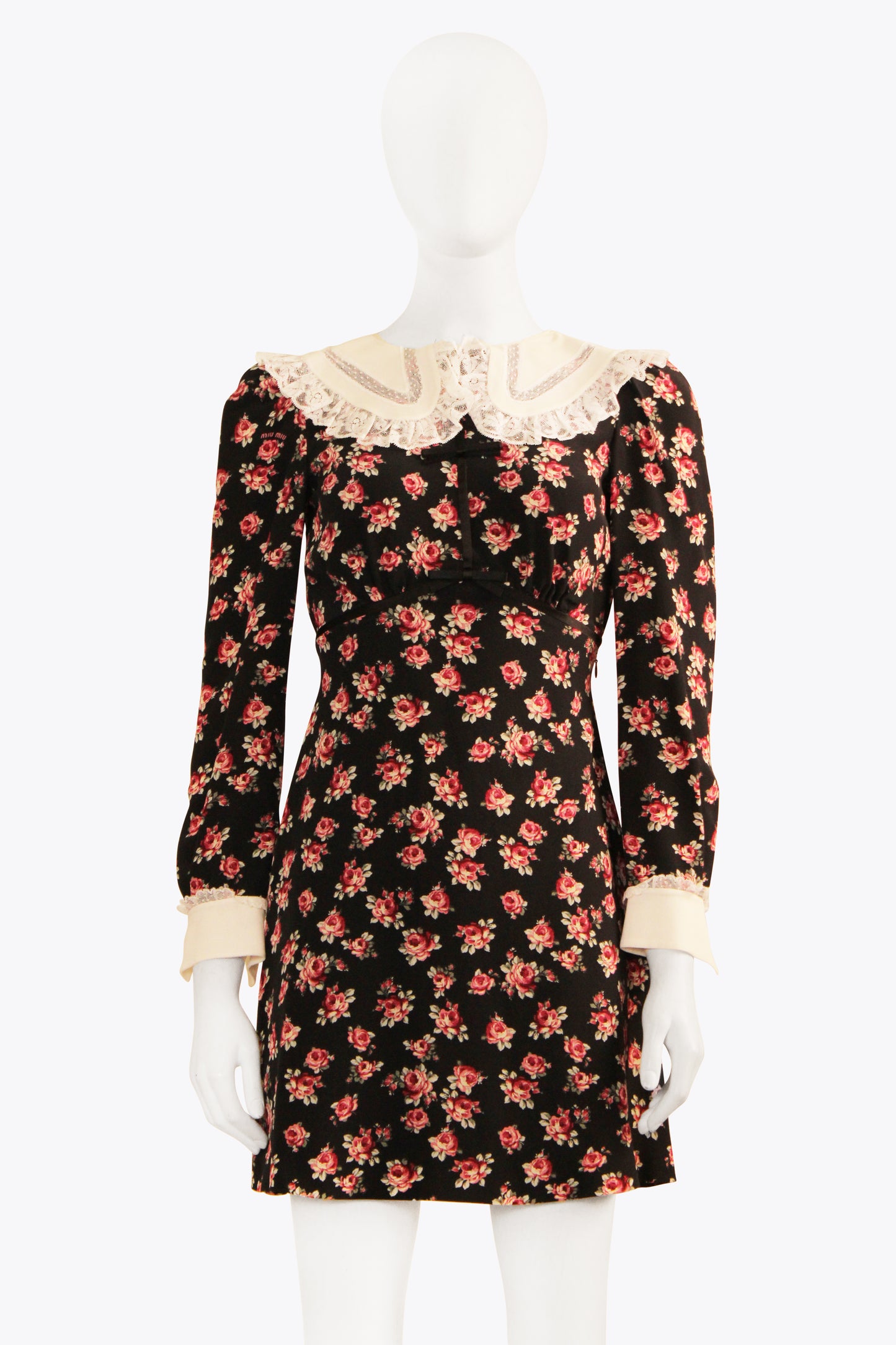 Miu Miu Black Longsleeve Dress With Pink Flowers & Collar