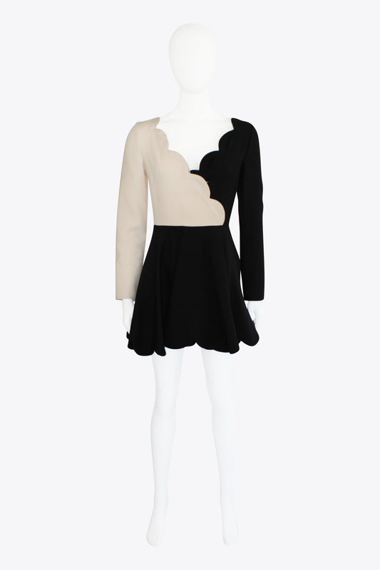 Valentino Black & White Long-Sleeve Scalloped Dress