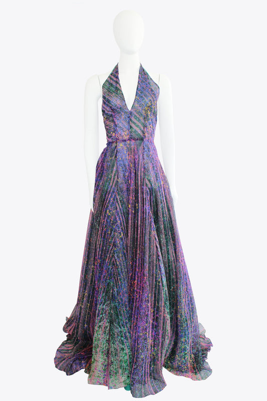 Georges Hobeika Purple Stripe V-Neck Halter Gown