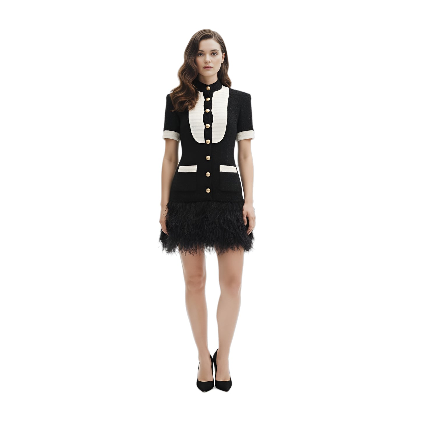 balmain black & white  tweed tuxedo dress with feather trim