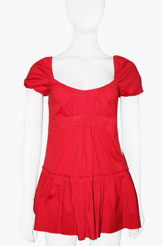 Prada Red Pleated Dress With Puffed Shoulders