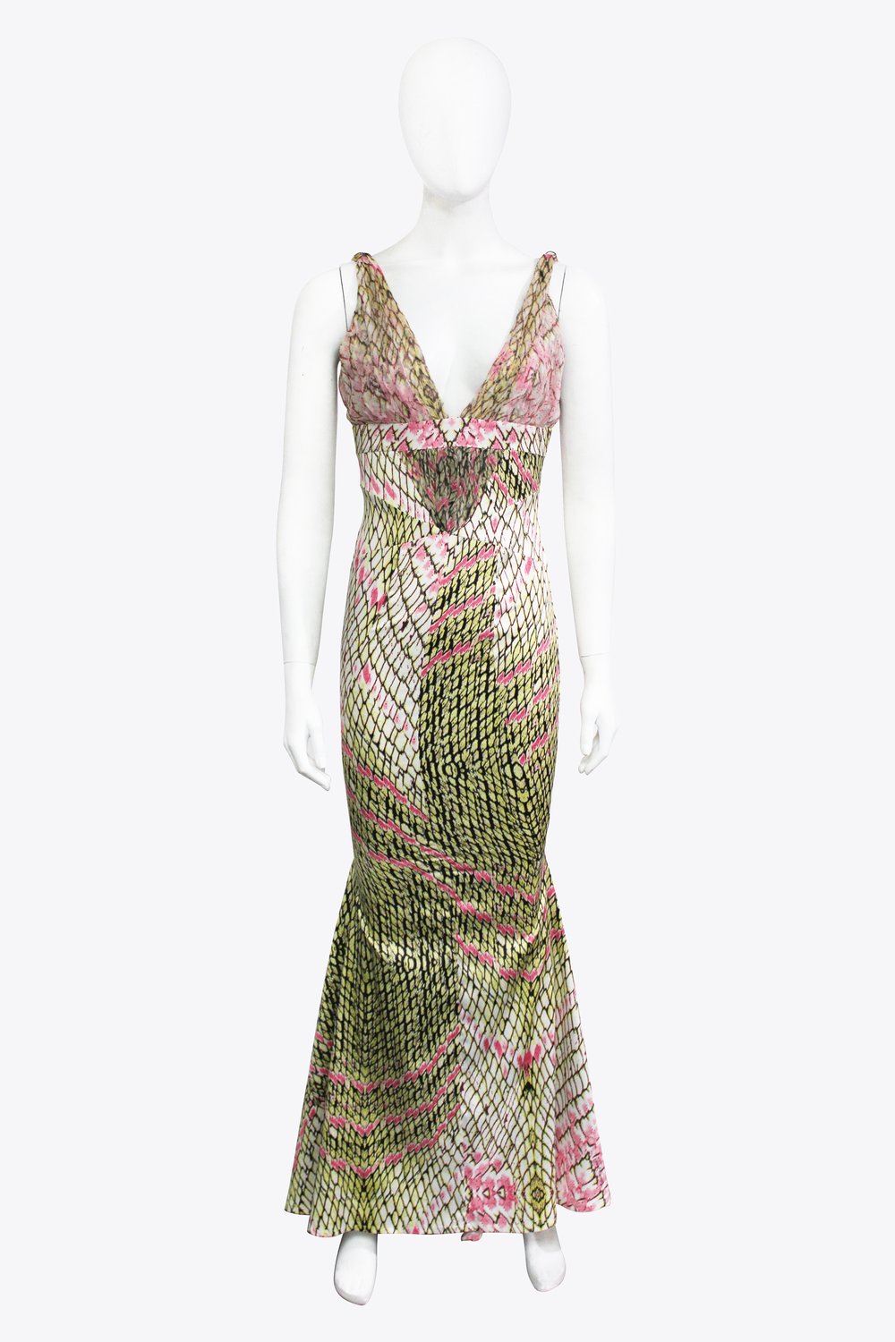 Roberto Cavalli Pink and Green Snake Mermaid Gown