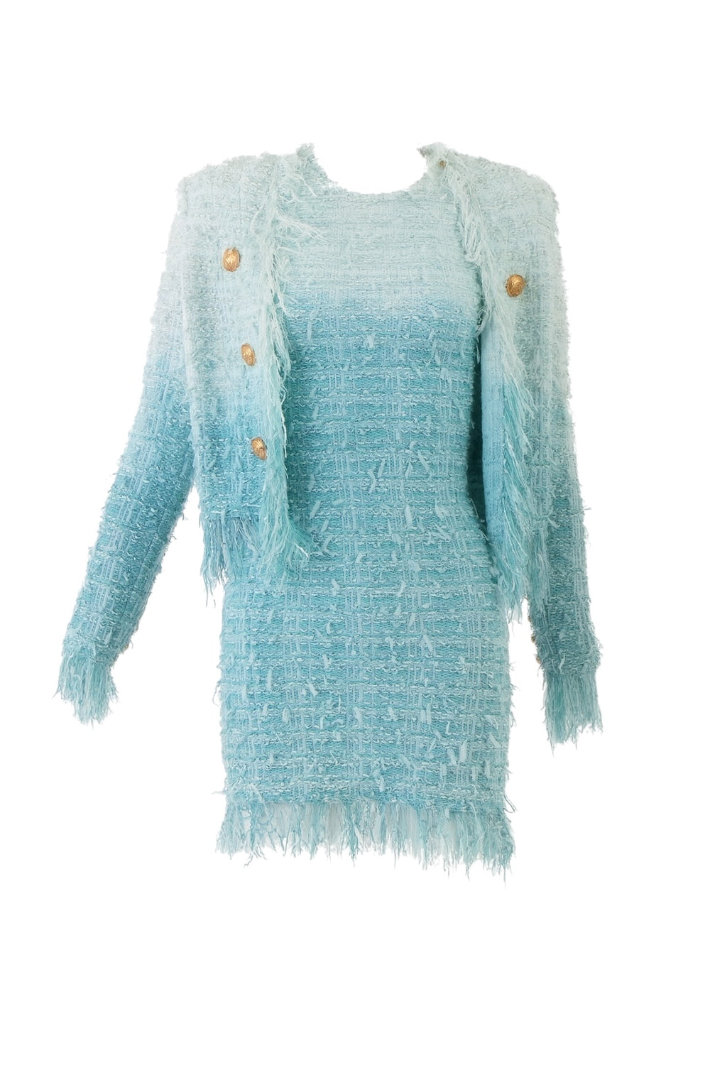 balmain fringe dip dye tweed dress