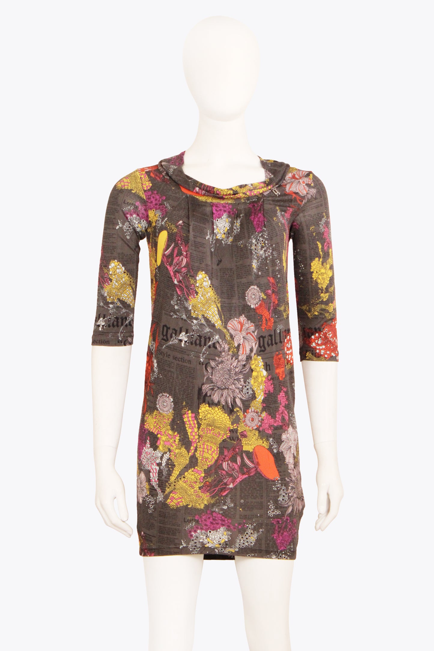 Galliano Floral Newspaper Quarter Sleeve Dress