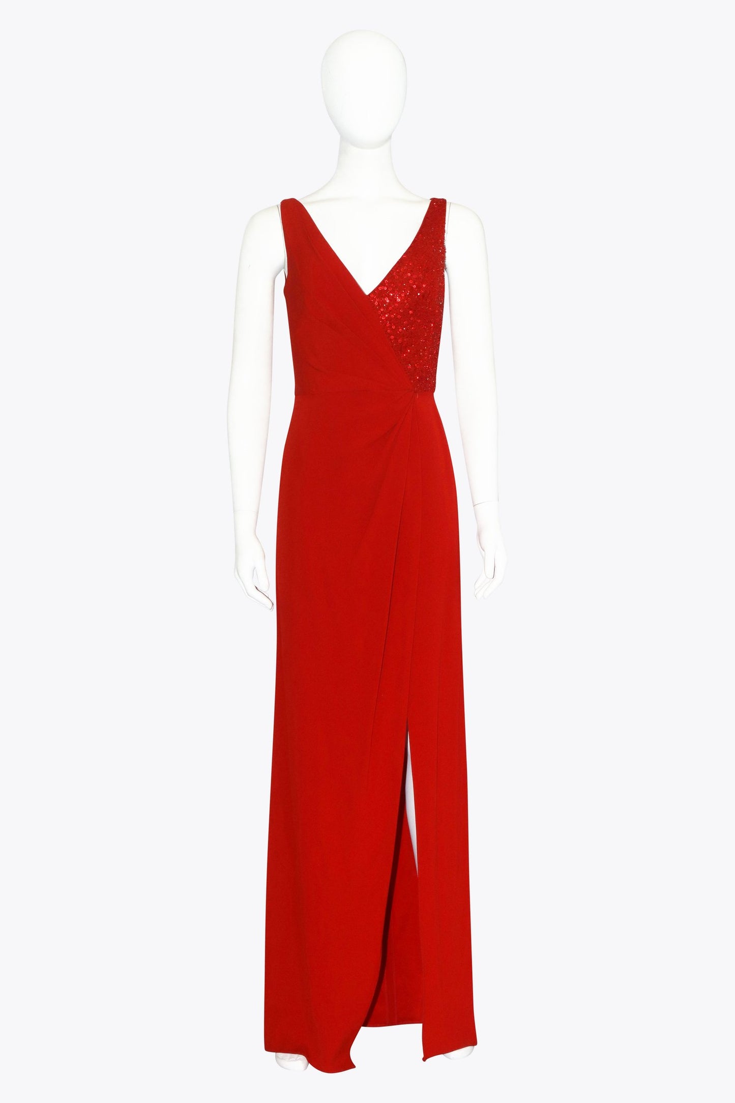 Red Sleeveless Gown With Slit & Half Shimmer Chest