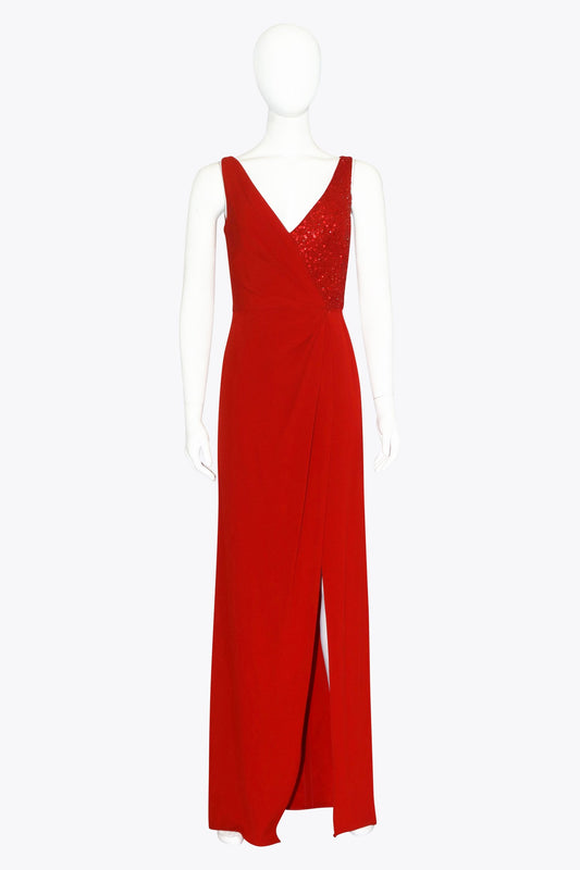 Red Sleeveless Gown With Slit & Half Shimmer Chest