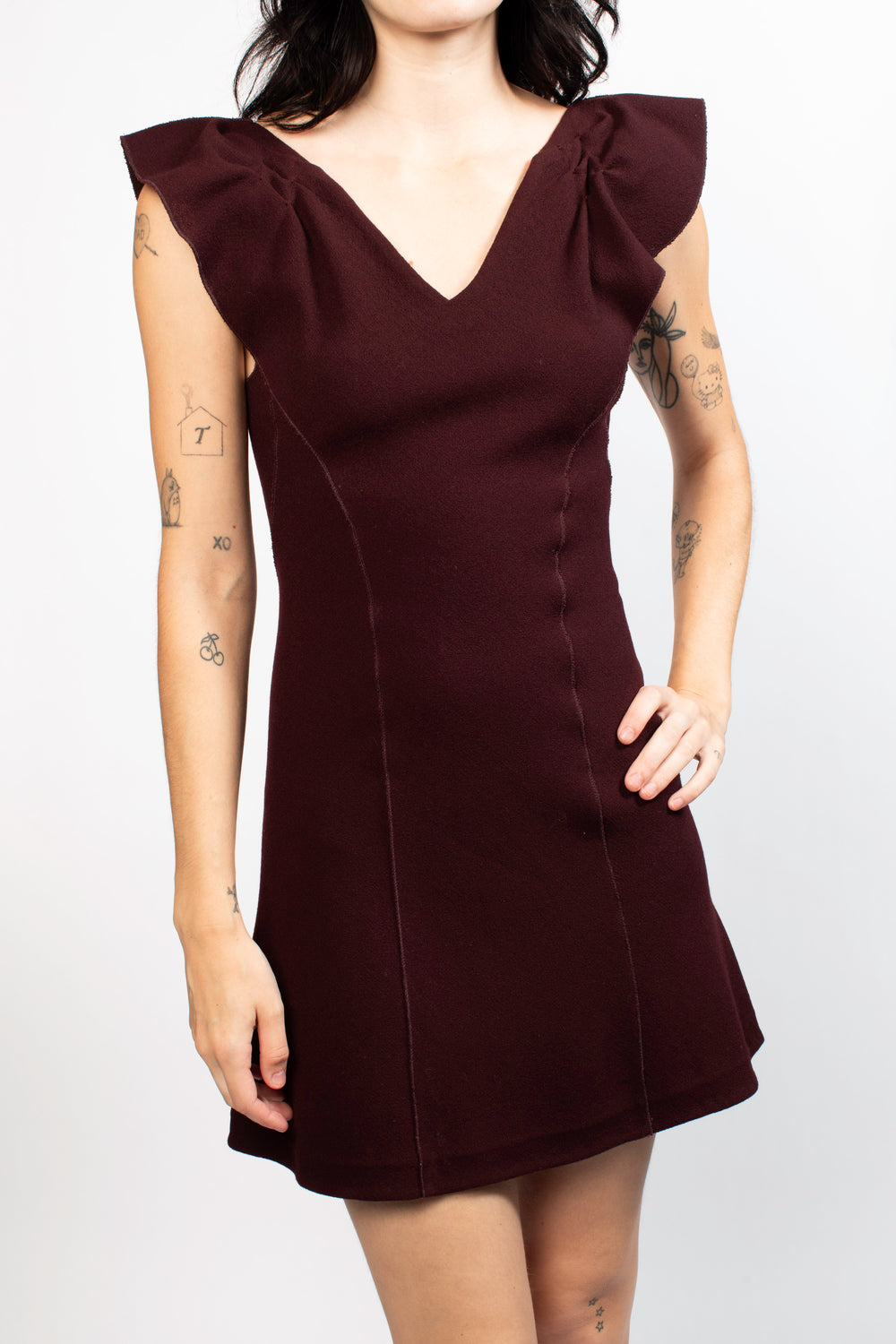 Bottega Veneta Maroon Mini Dress With Shoulder Flares