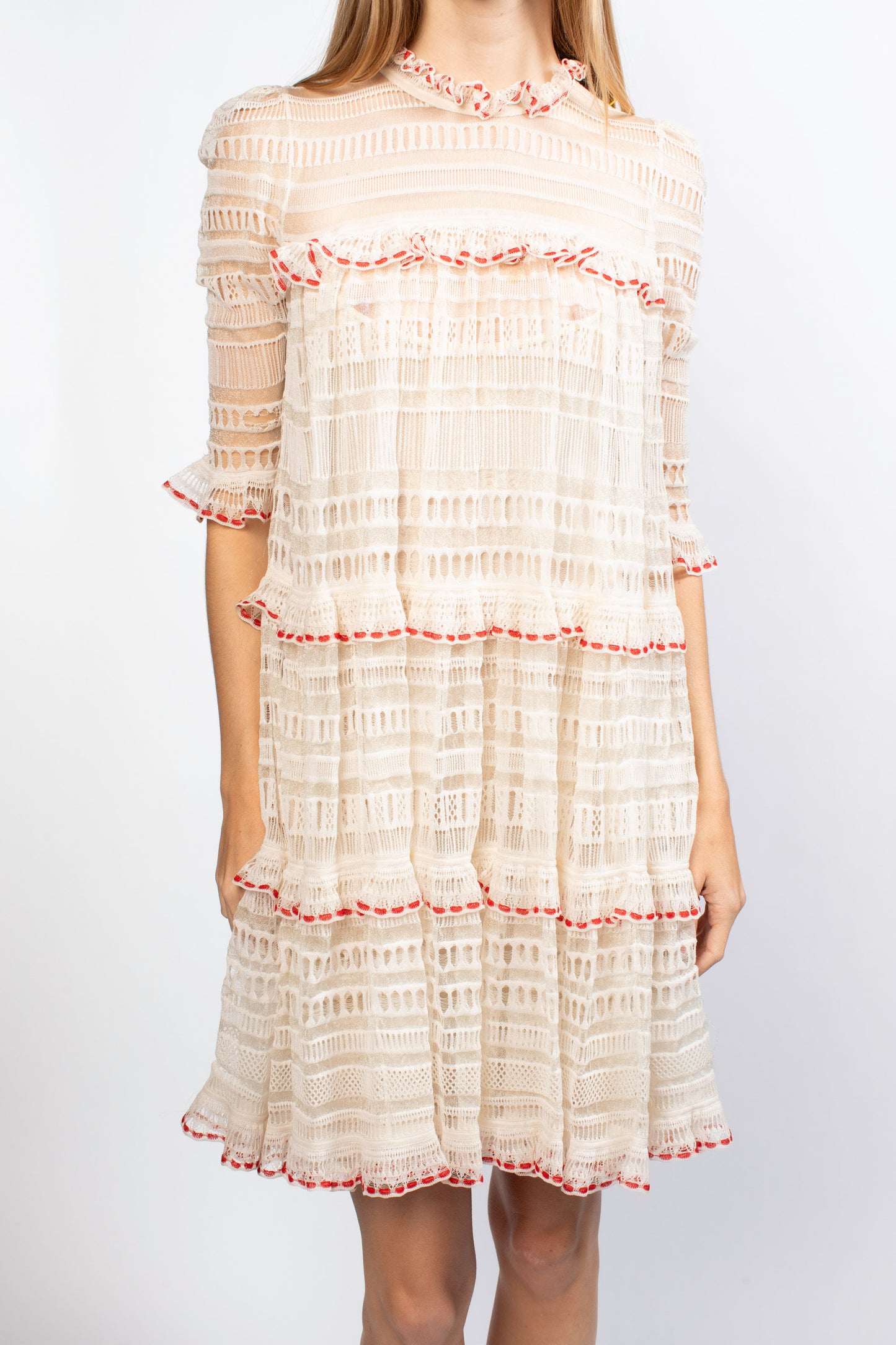 Alexander McQueen Cream Ruffle Quarter Sleeve Mini Dress