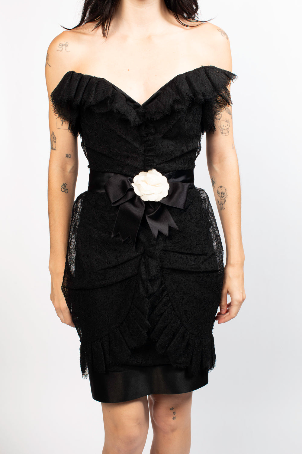 Chanel Black Strapless Mini Dress With Flower & Ruffles