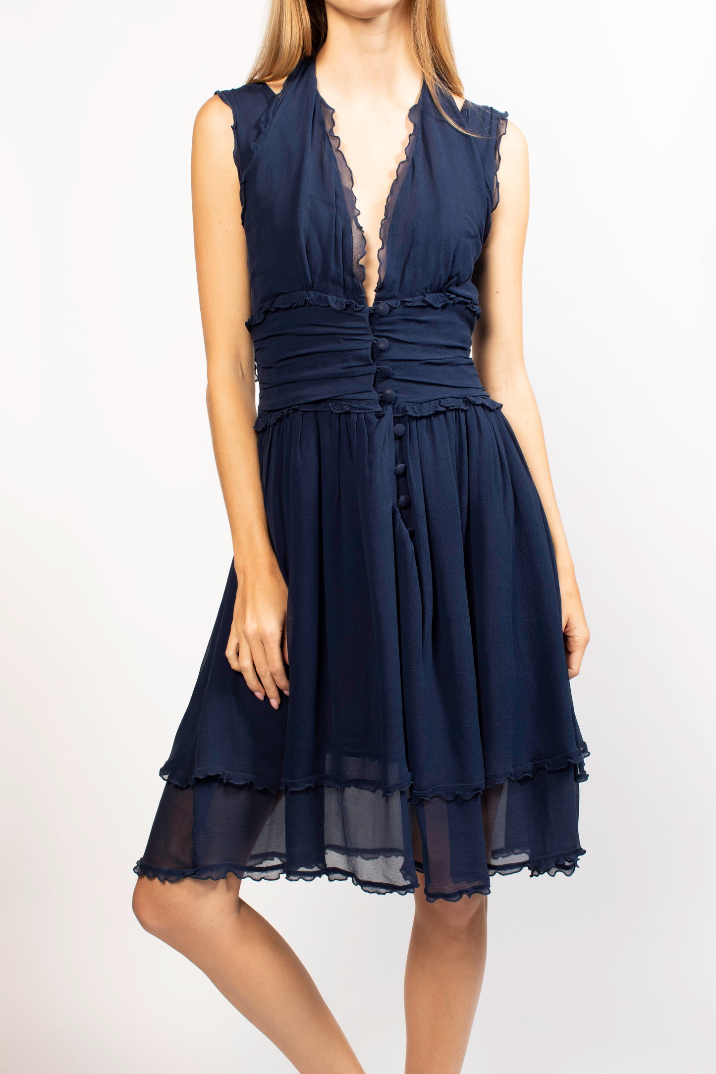 Chloe Blue Ruffle Deep V Flowy Dress