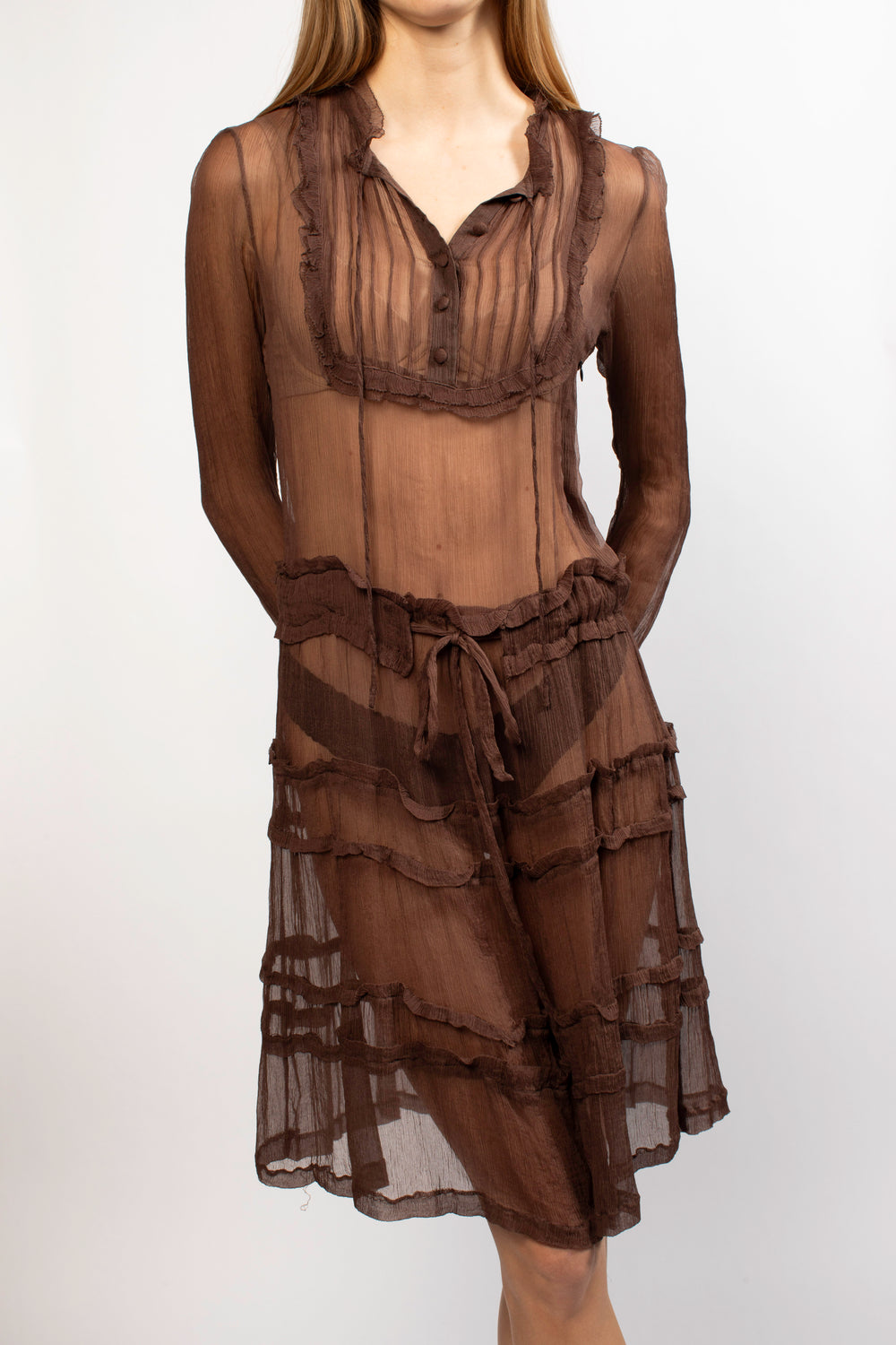Chloe Brown Sheer Long Sleeve Ruffle Midi Dress
